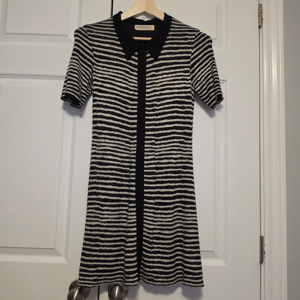 Eve Gravel Striped Collared Shift Dress Black Cream Textured Short Sleeve Large